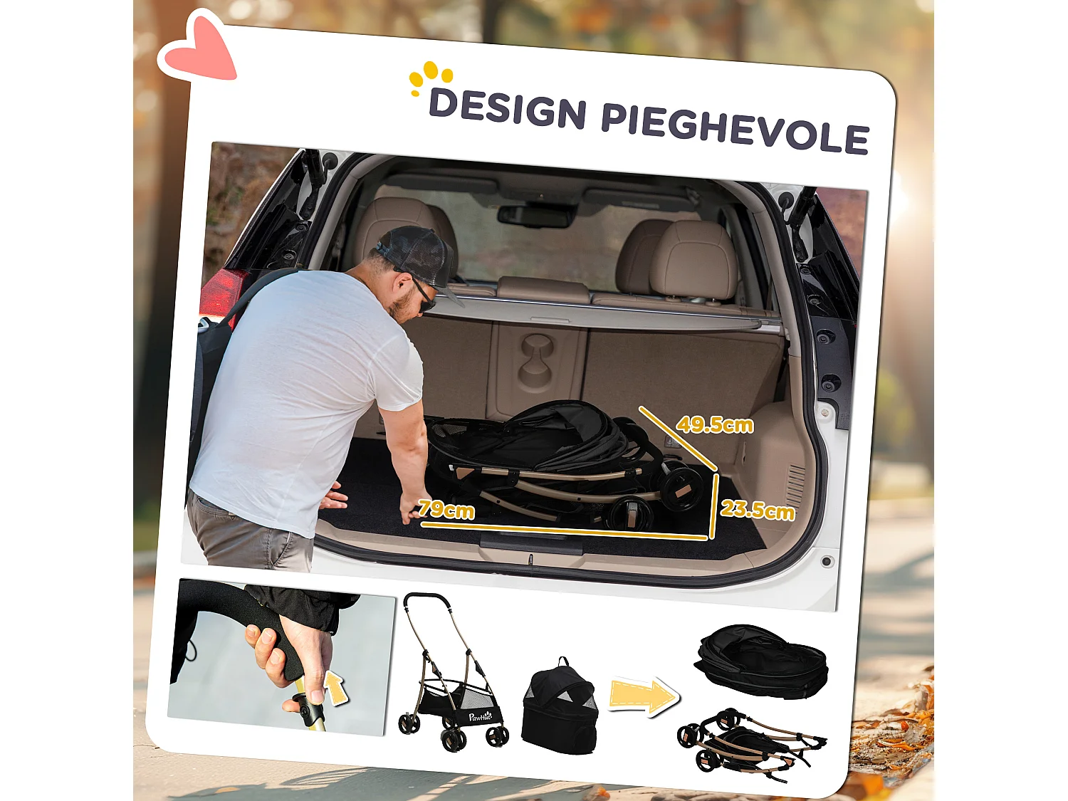 Passeggino per cani pieghevole con trasportino rimovibile e tettuccio