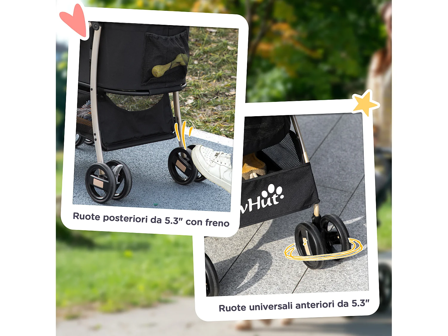 Passeggino per cani pieghevole con trasportino rimovibile e tettuccio