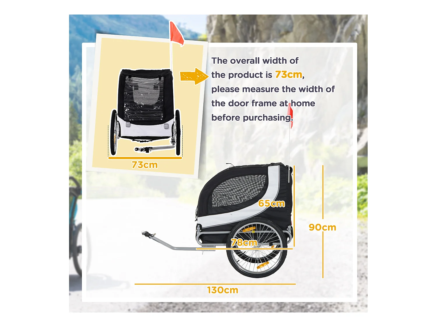 Rimorchio bici per cani taglia media con finestre laterali e bandierina