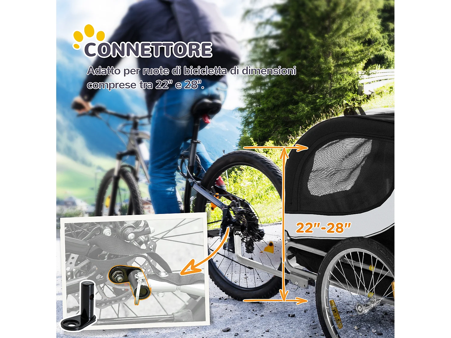 Rimorchio bici per cani taglia media con finestre laterali e bandierina