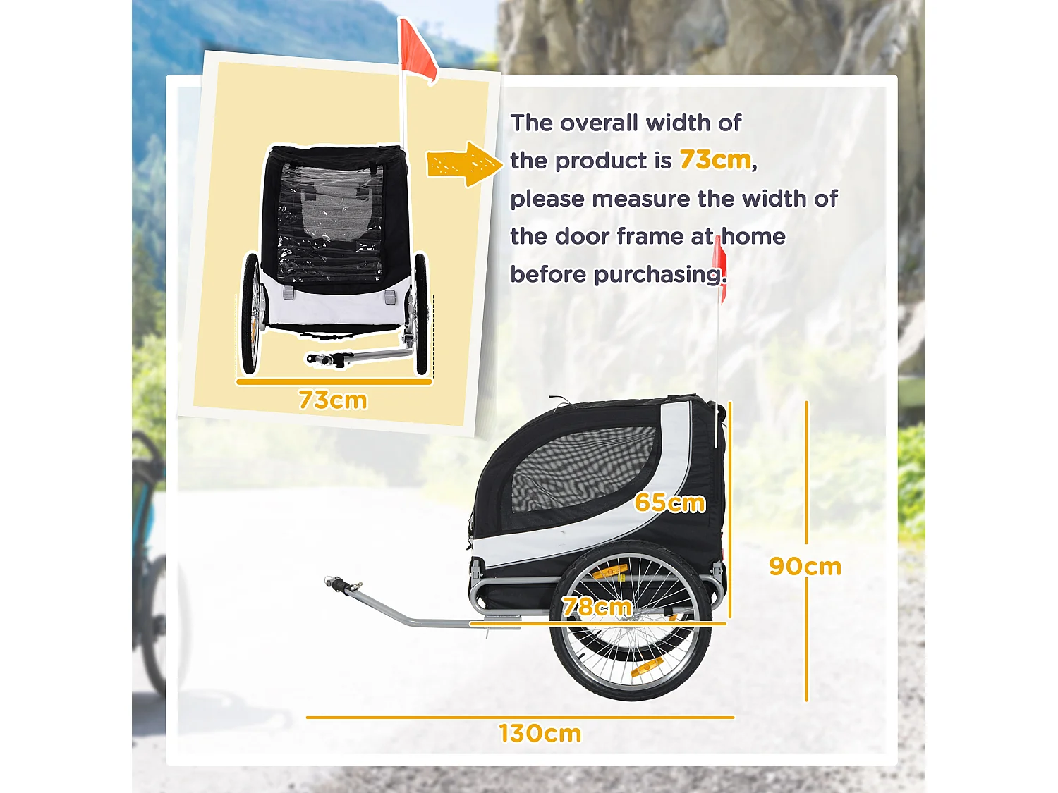 Rimorchio bici per cani taglia media con finestre laterali e bandierina