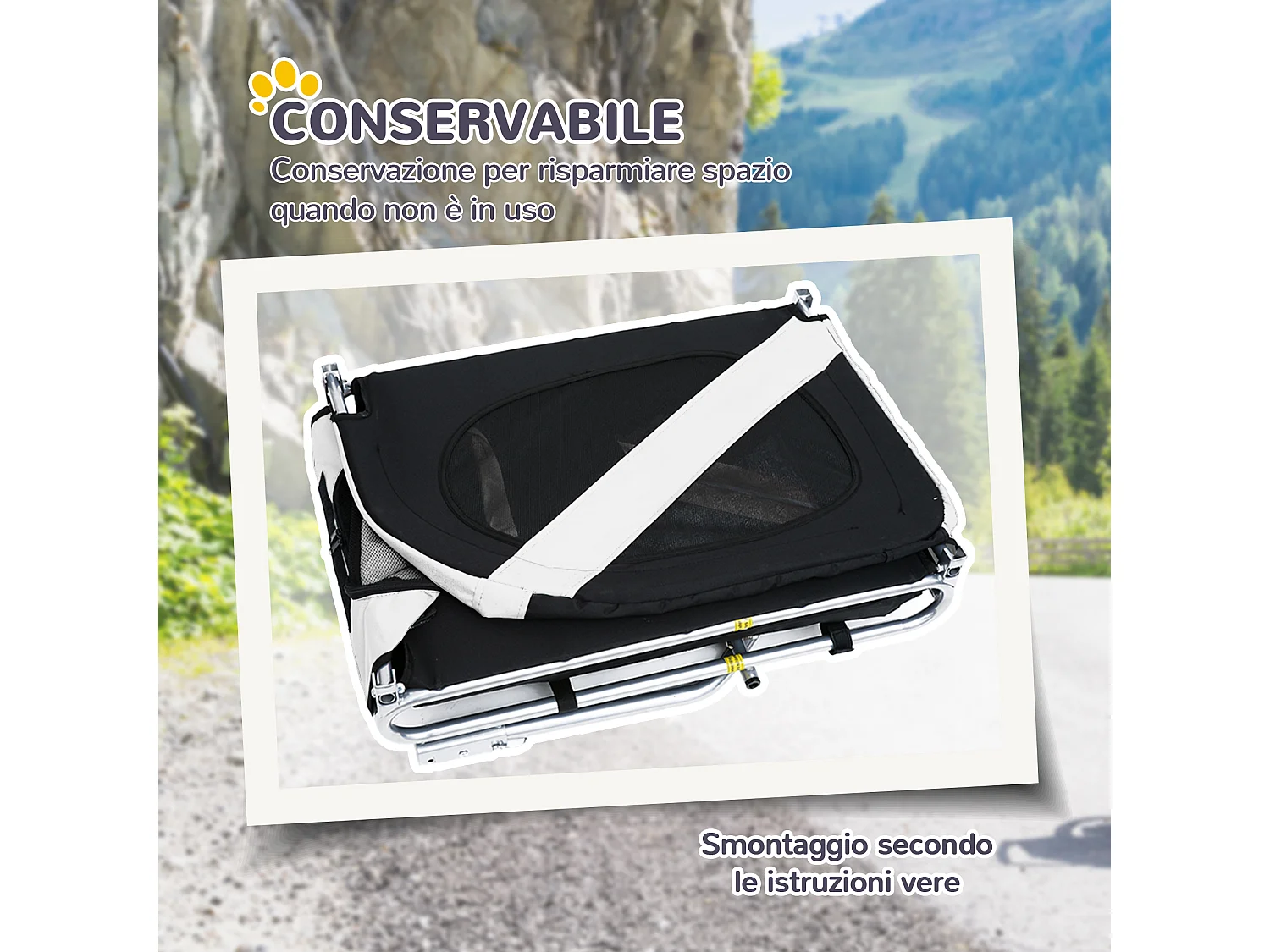 Rimorchio bici per cani taglia media con finestre laterali e bandierina