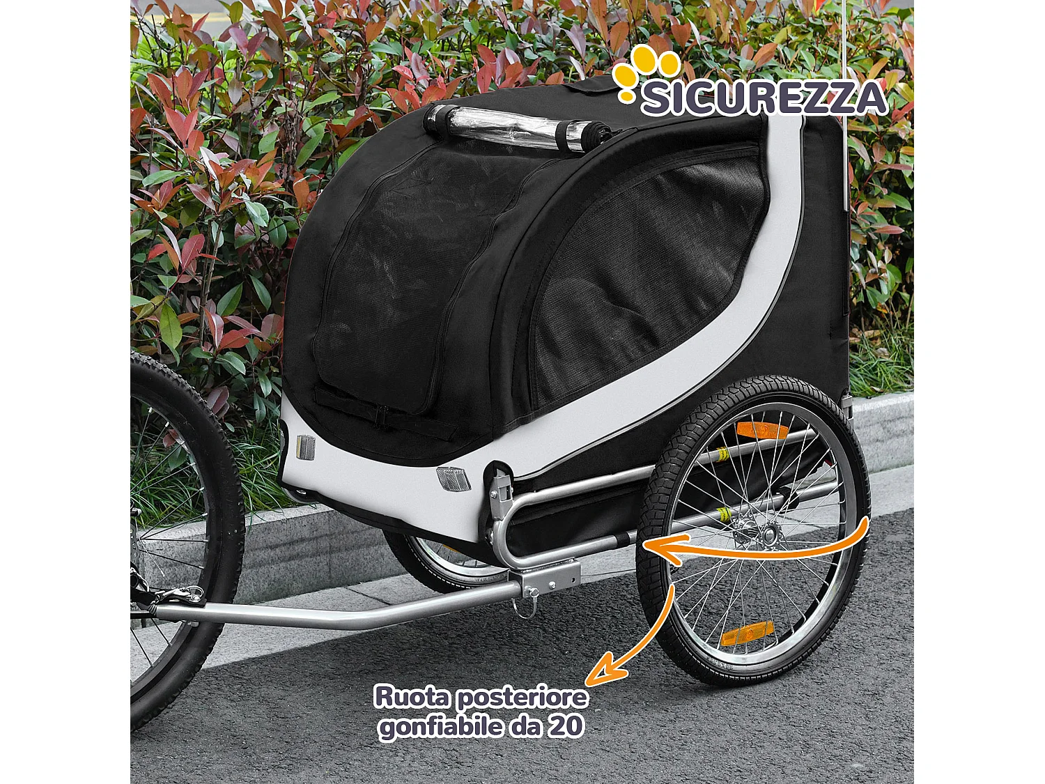 Rimorchio bici per cani taglia media con finestre laterali e bandierina