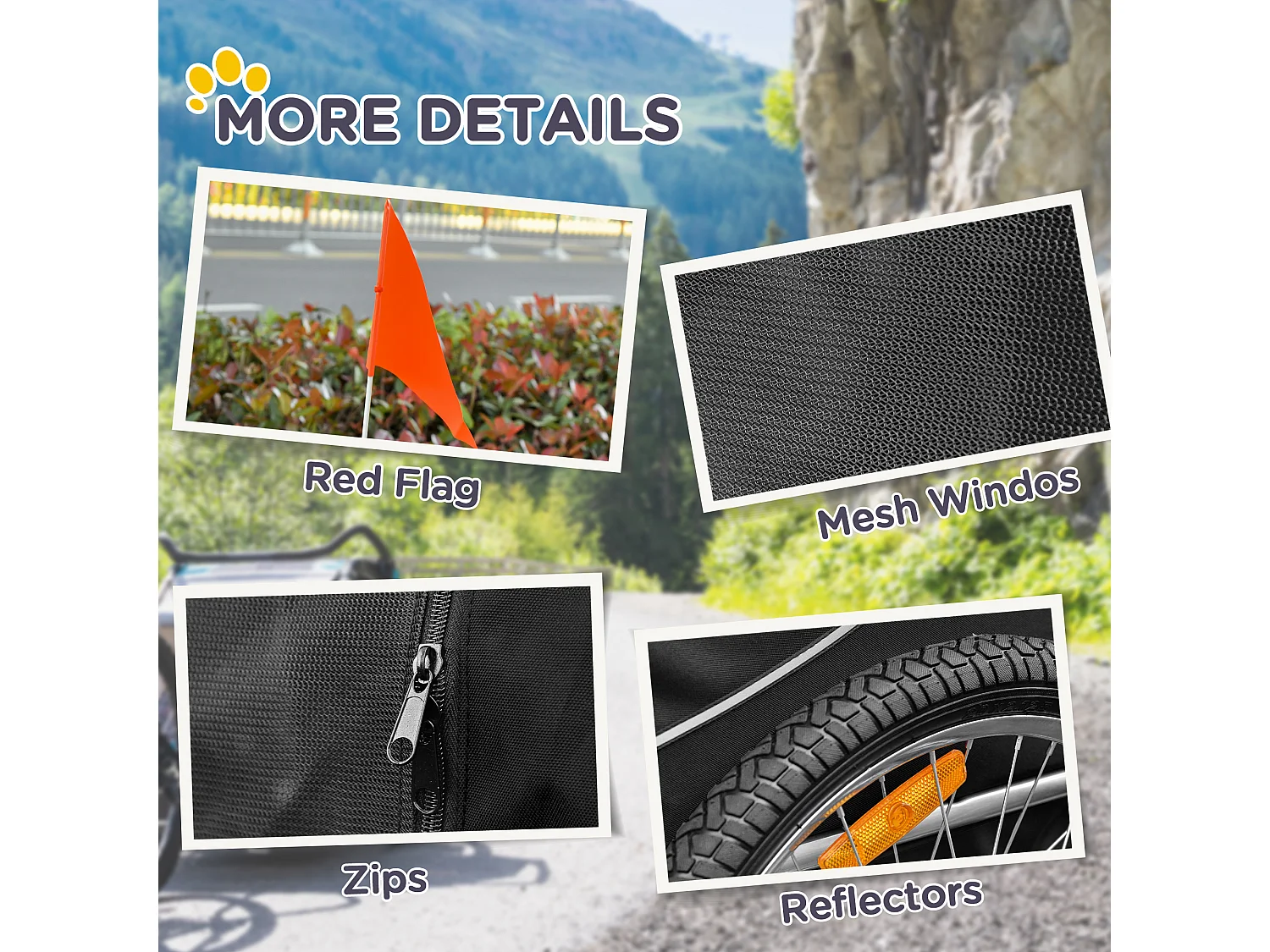 Rimorchio bici per cani taglia media con finestre laterali e bandierina