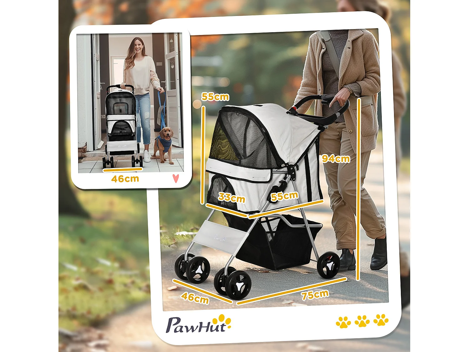 Passeggino per cani taglia mini e piccola pieghevole con 3 reti grigio