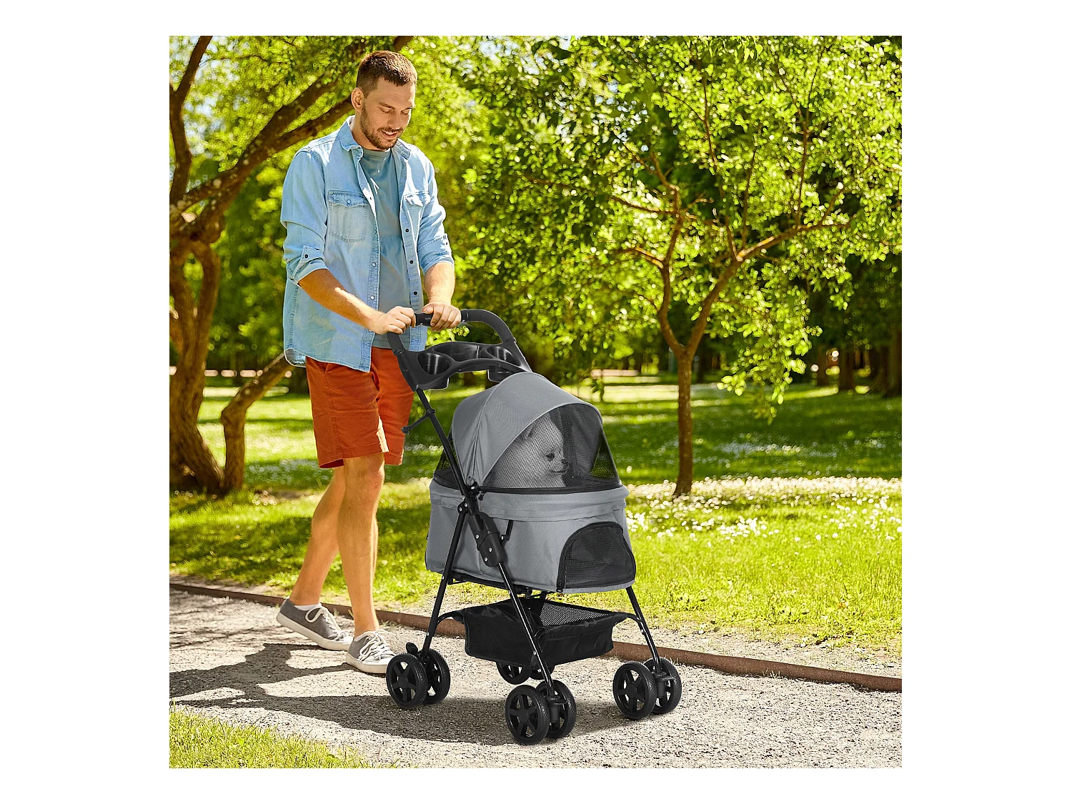 Passeggino per cani pieghevole ruote girevoli cestino portaoggetti grigio