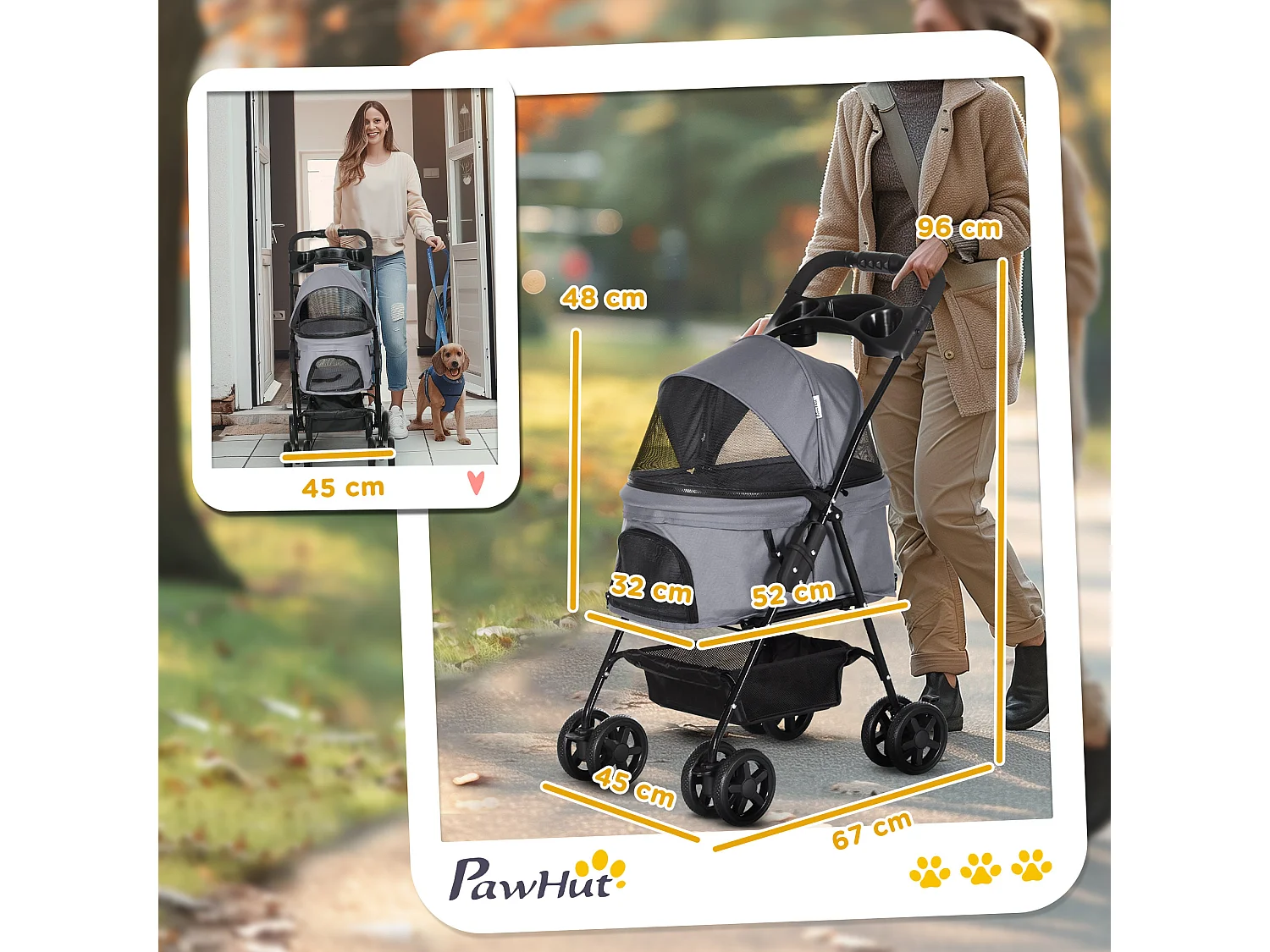 Passeggino per cani pieghevole ruote girevoli cestino portaoggetti grigio