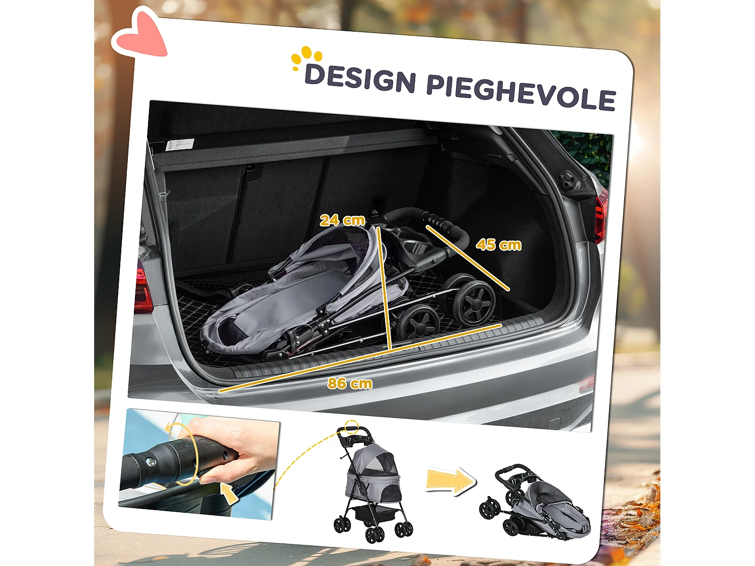 Passeggino per cani pieghevole ruote girevoli cestino portaoggetti grigio