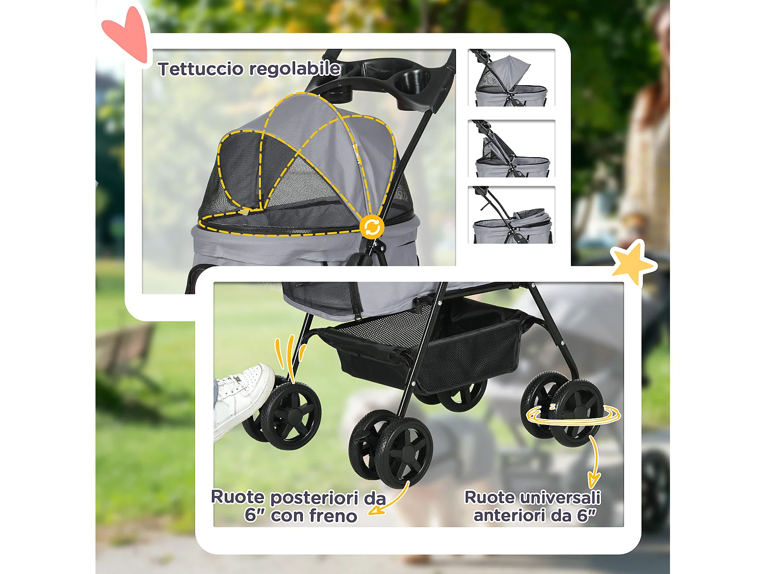 Passeggino per cani pieghevole ruote girevoli cestino portaoggetti grigio