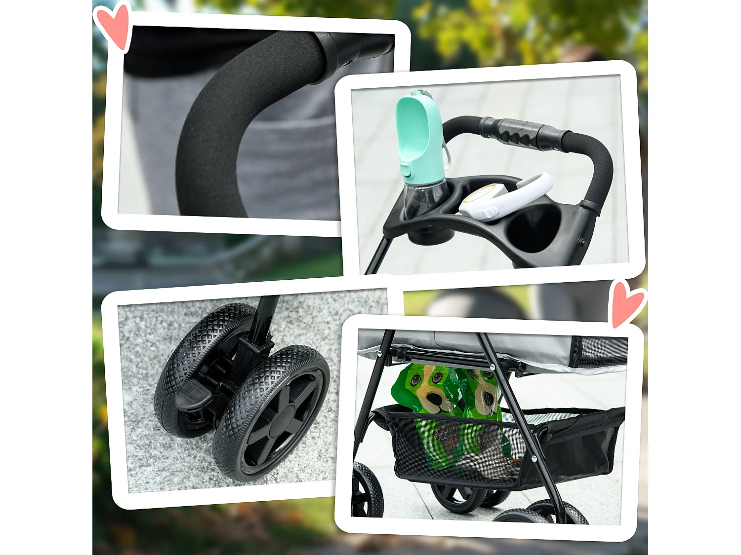 Passeggino per cani pieghevole ruote girevoli cestino portaoggetti grigio