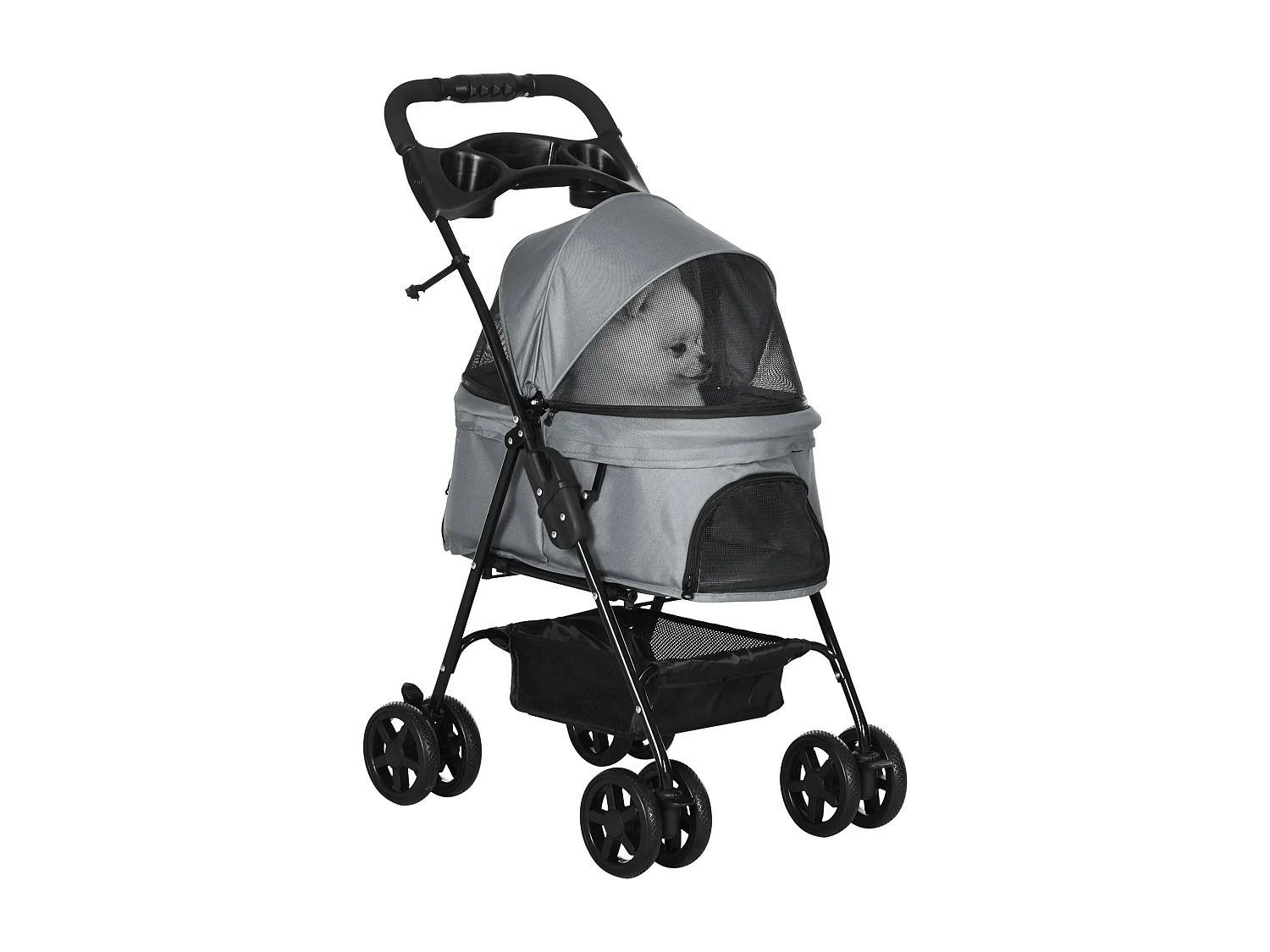 Passeggino per cani pieghevole ruote girevoli cestino portaoggetti grigio