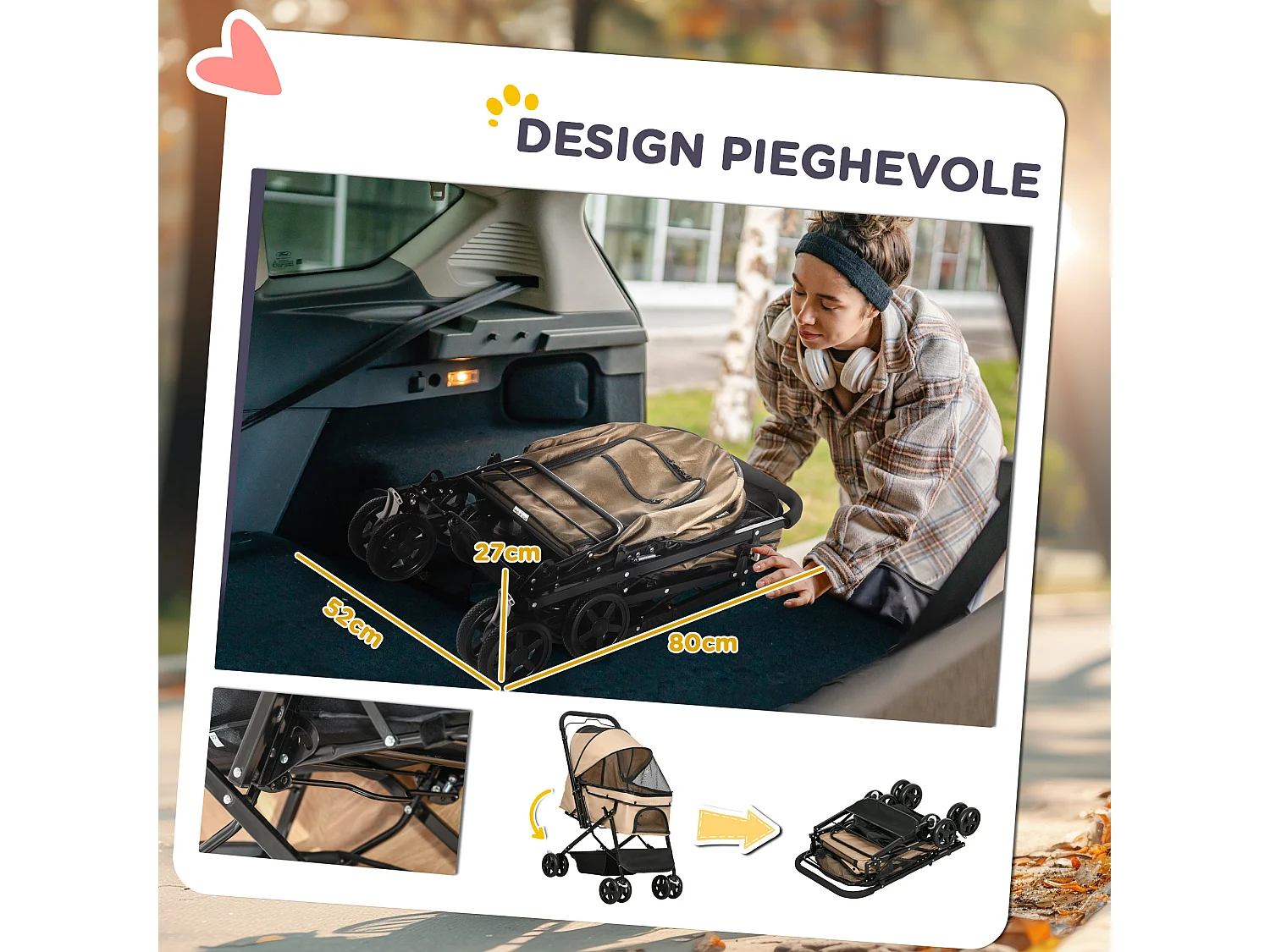 Passeggino per cani piccoli pieghevole con maniglione girevole marrone