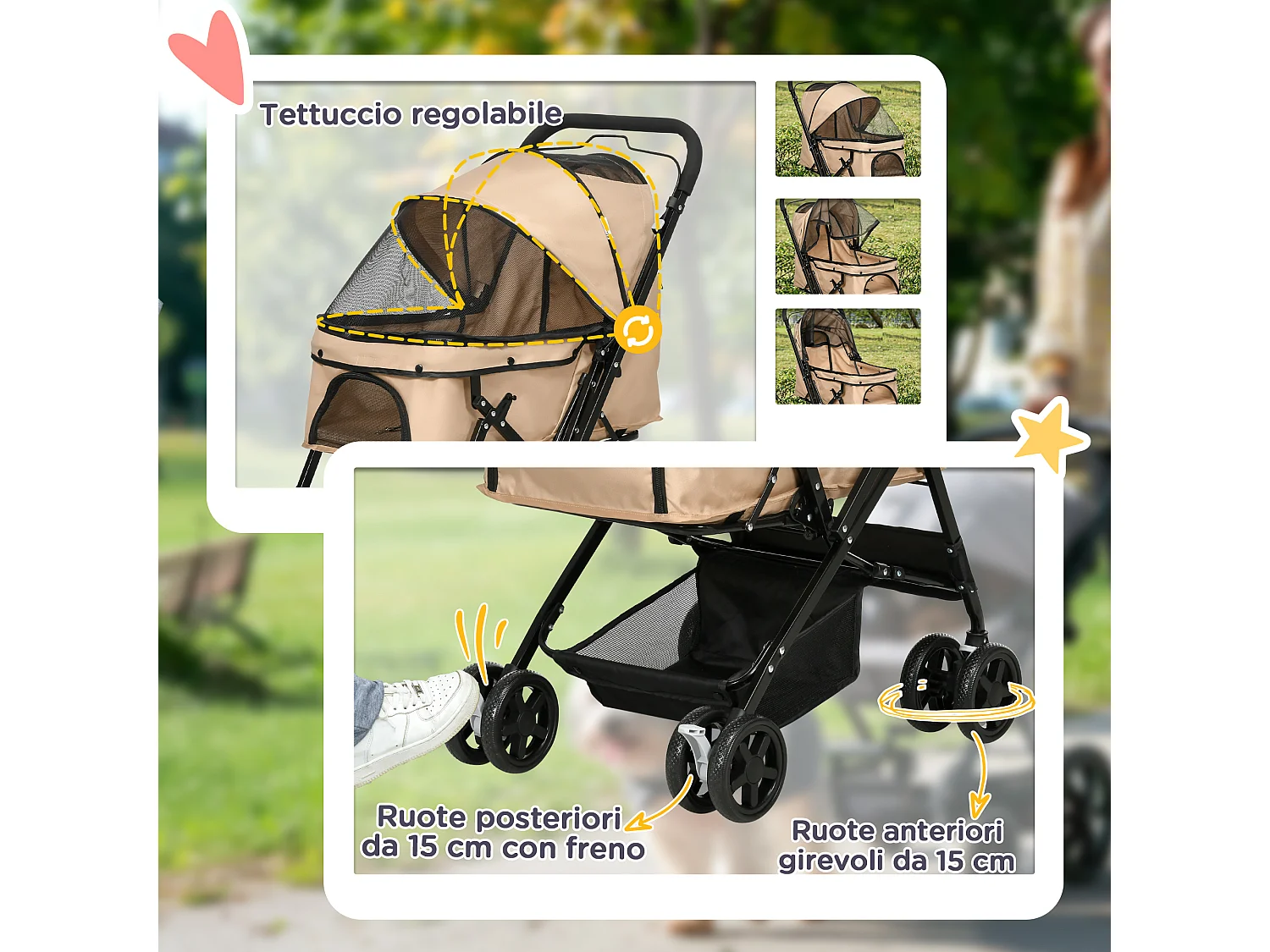 Passeggino per cani piccoli pieghevole con maniglione girevole marrone