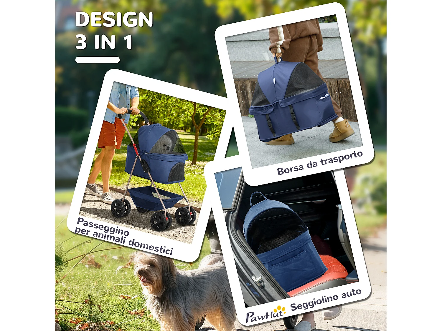 Passeggino per cani 3 in 1 pieghevole con trasportino e cestino blu