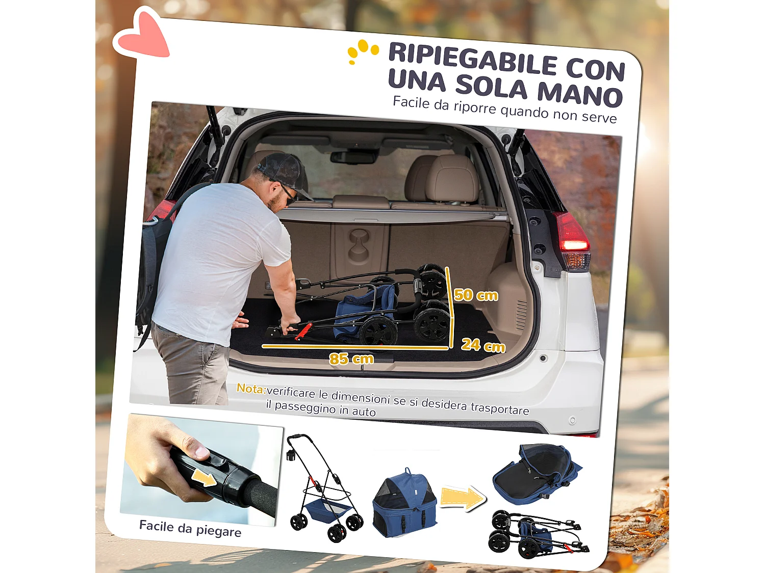 Passeggino per cani 3 in 1 pieghevole con trasportino e cestino blu