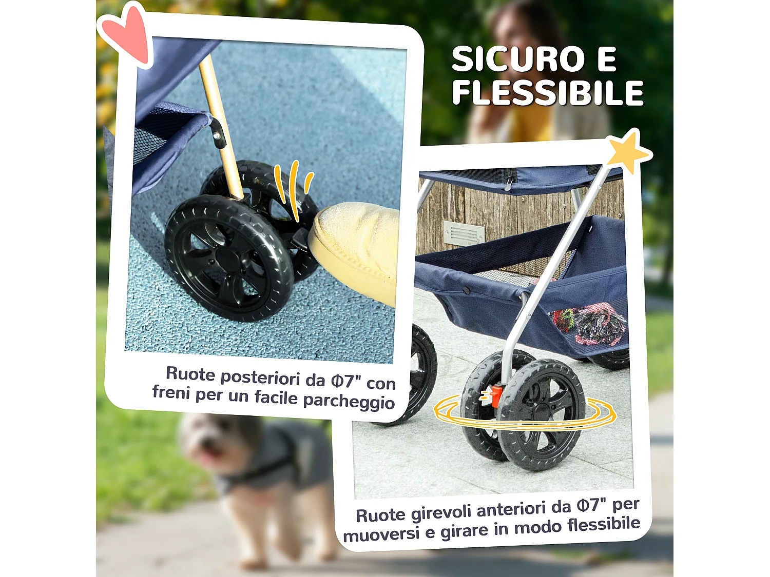 Passeggino per cani 3 in 1 pieghevole con trasportino e cestino blu