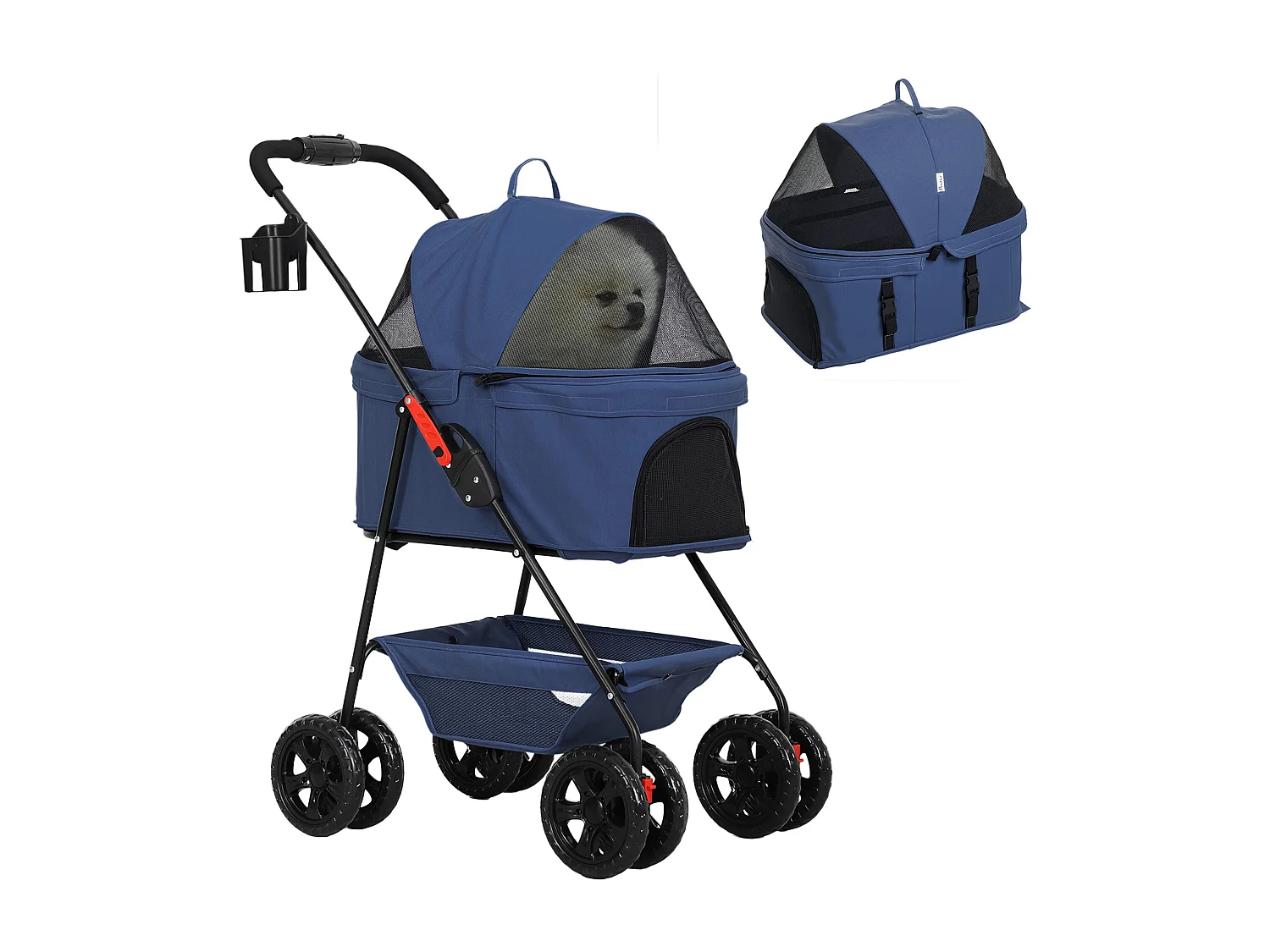 Passeggino per cani 3 in 1 pieghevole con trasportino e cestino blu