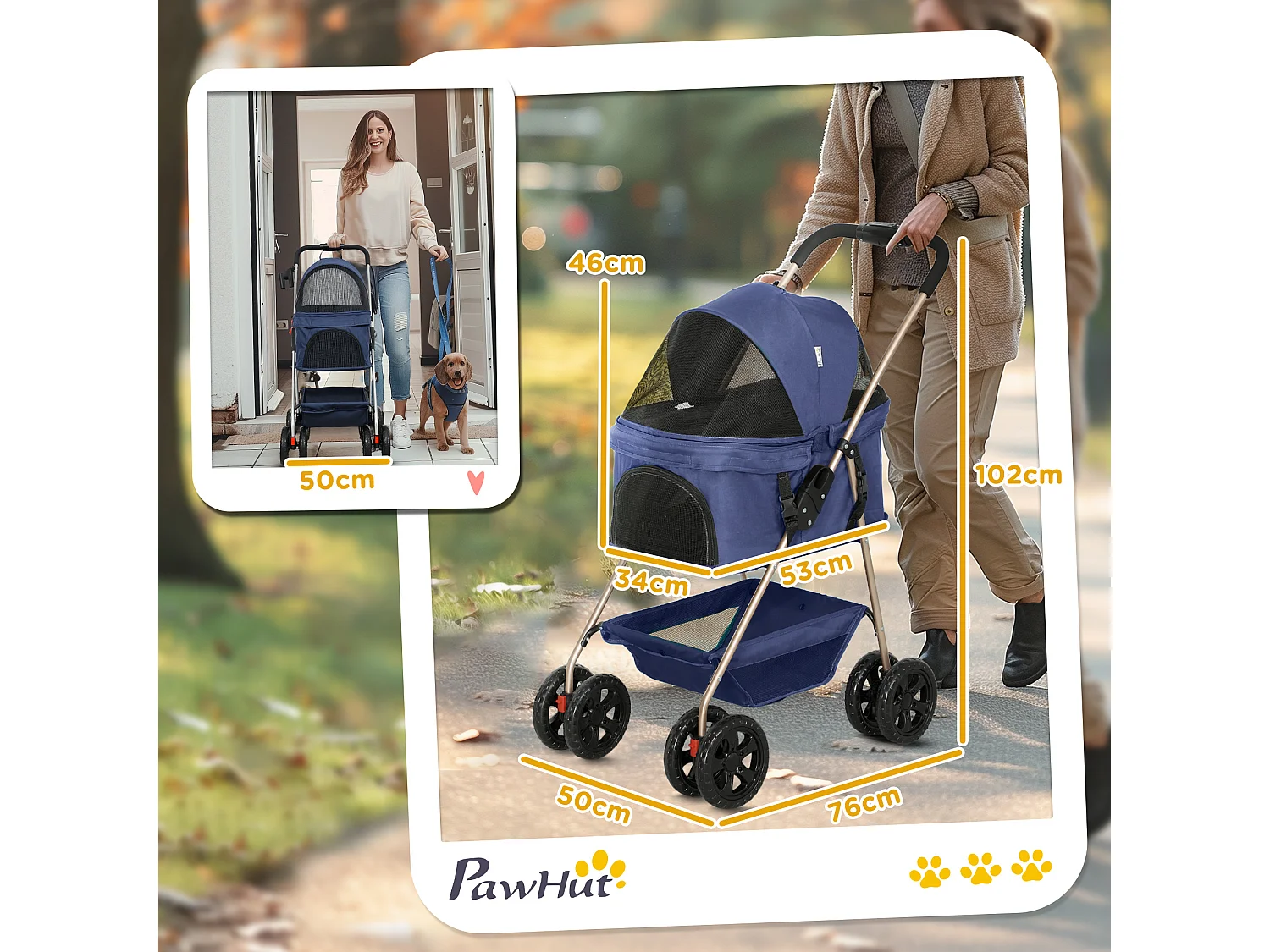 Passeggino per cani 3 in 1 pieghevole con trasportino e cestino blu