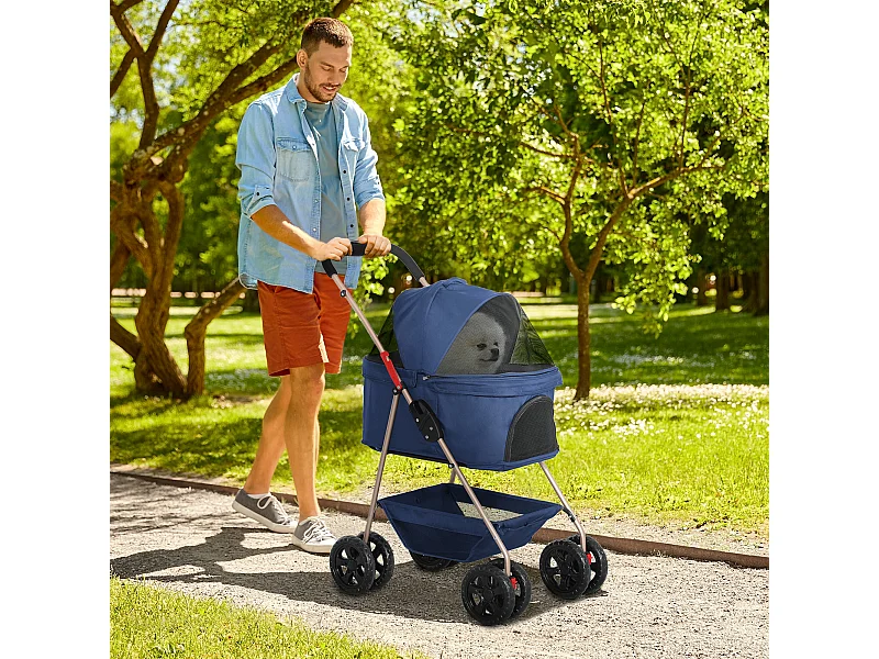 Passeggino per cani 3 in 1 pieghevole con trasportino e cestino blu