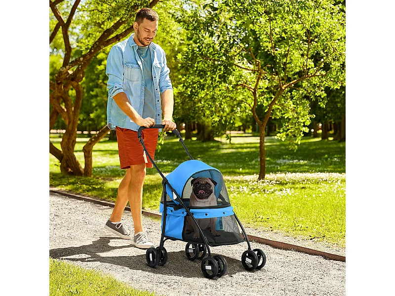 Passeggino per cani pieghevole con tettuccio e ruote girevoli blu