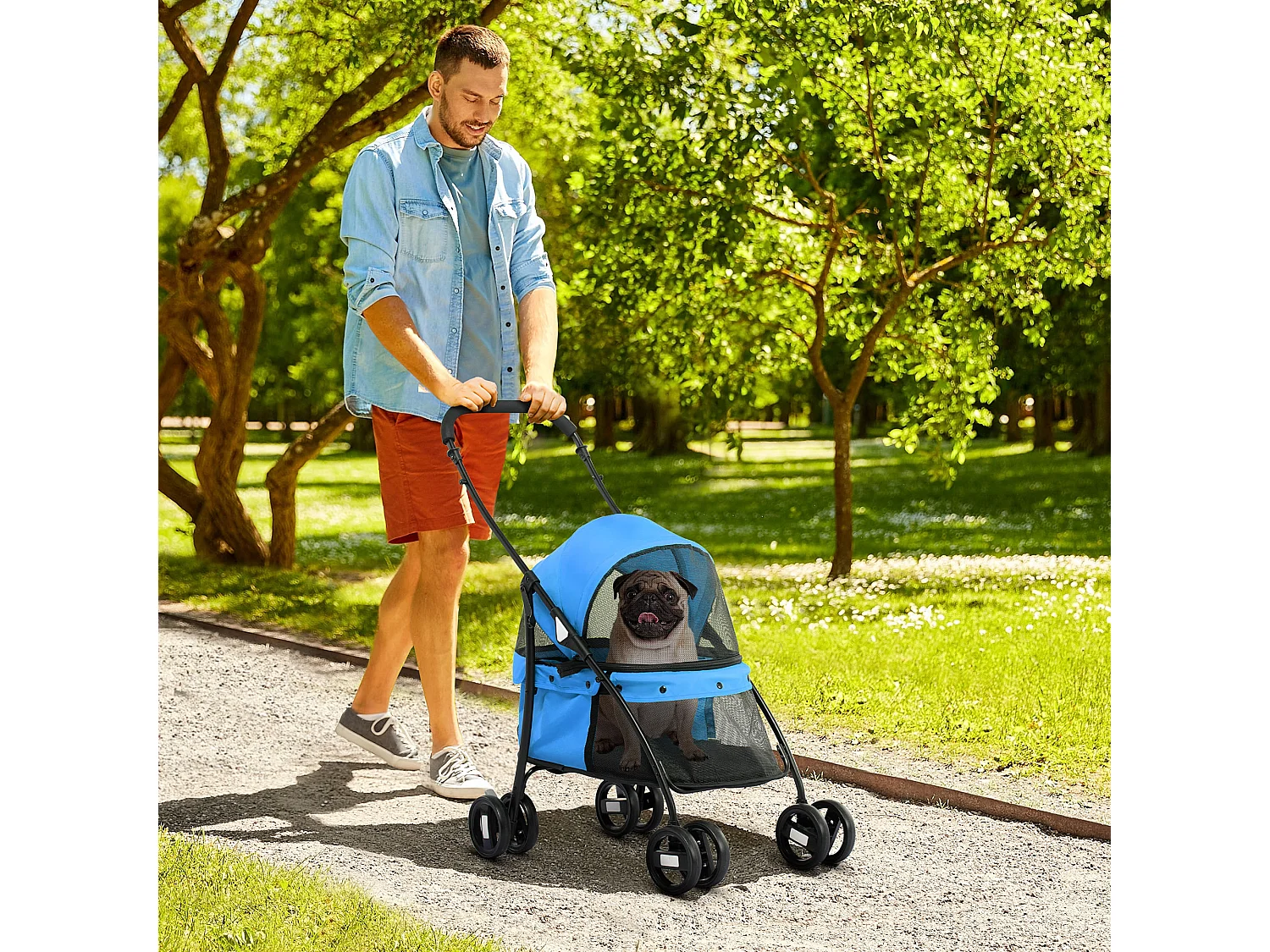 Passeggino per cani pieghevole con tettuccio e ruote girevoli blu