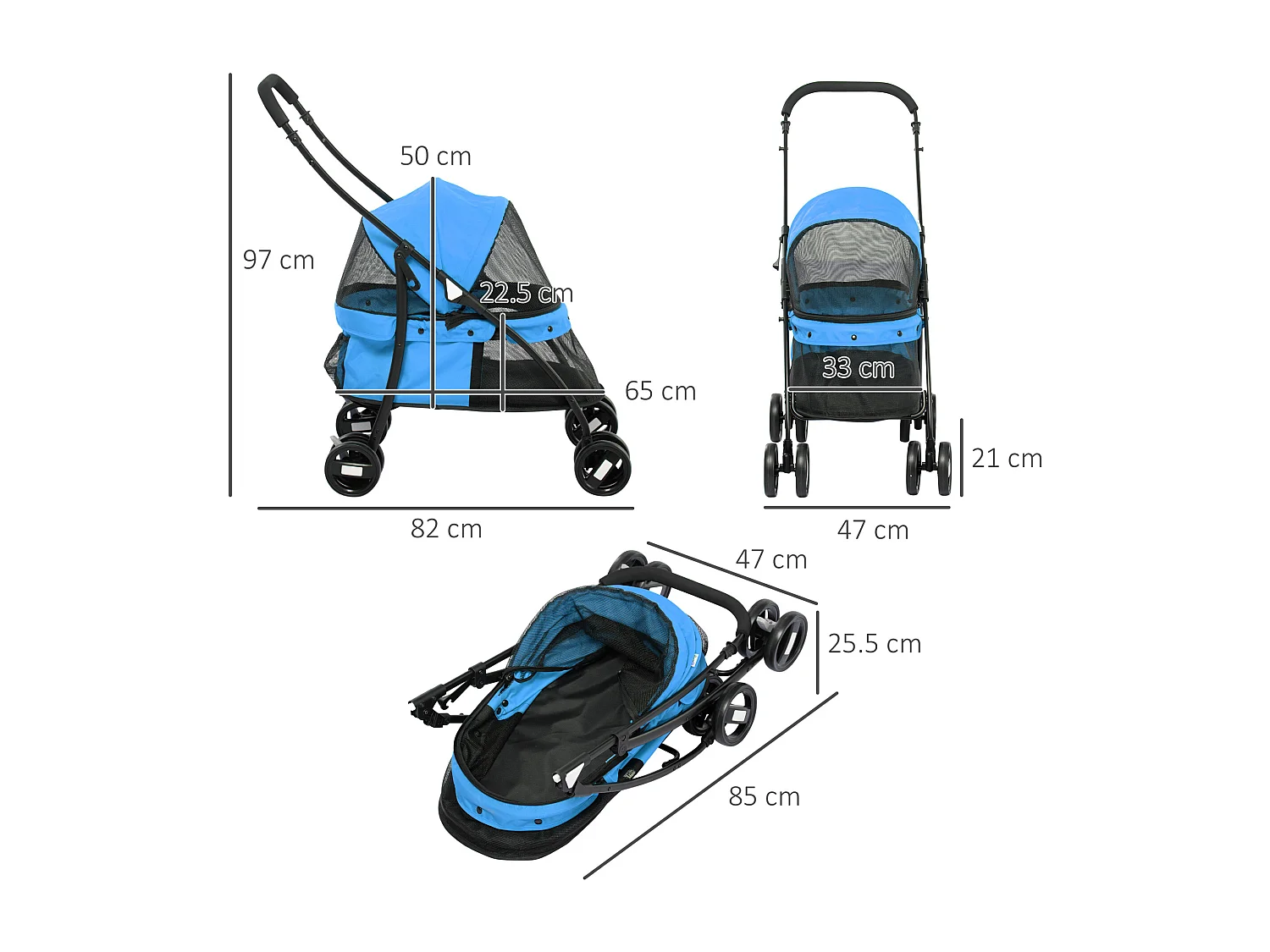 Passeggino per cani pieghevole con tettuccio e ruote girevoli blu