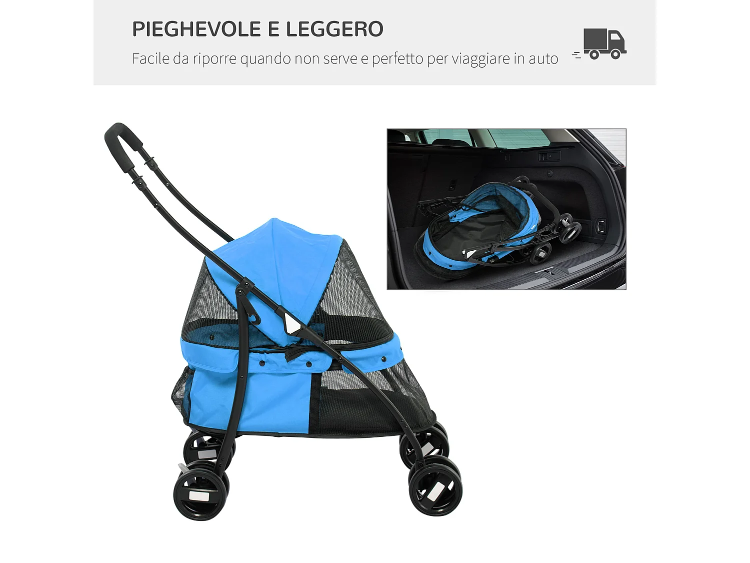 Passeggino per cani pieghevole con tettuccio e ruote girevoli blu