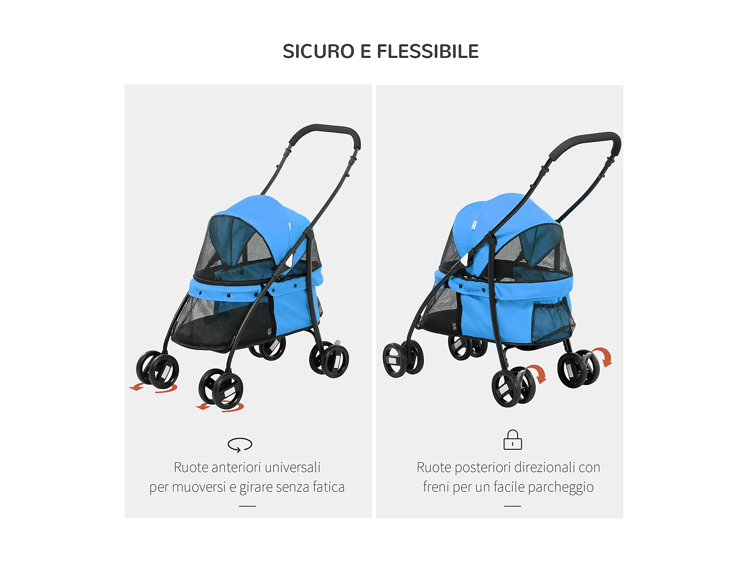 Passeggino per cani pieghevole con tettuccio e ruote girevoli blu