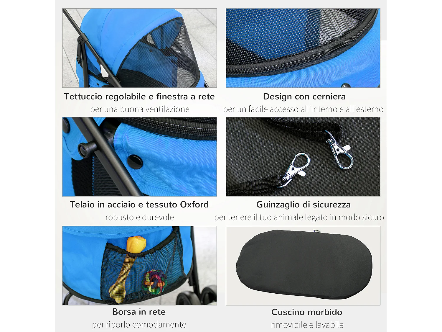 Passeggino per cani pieghevole con tettuccio e ruote girevoli blu