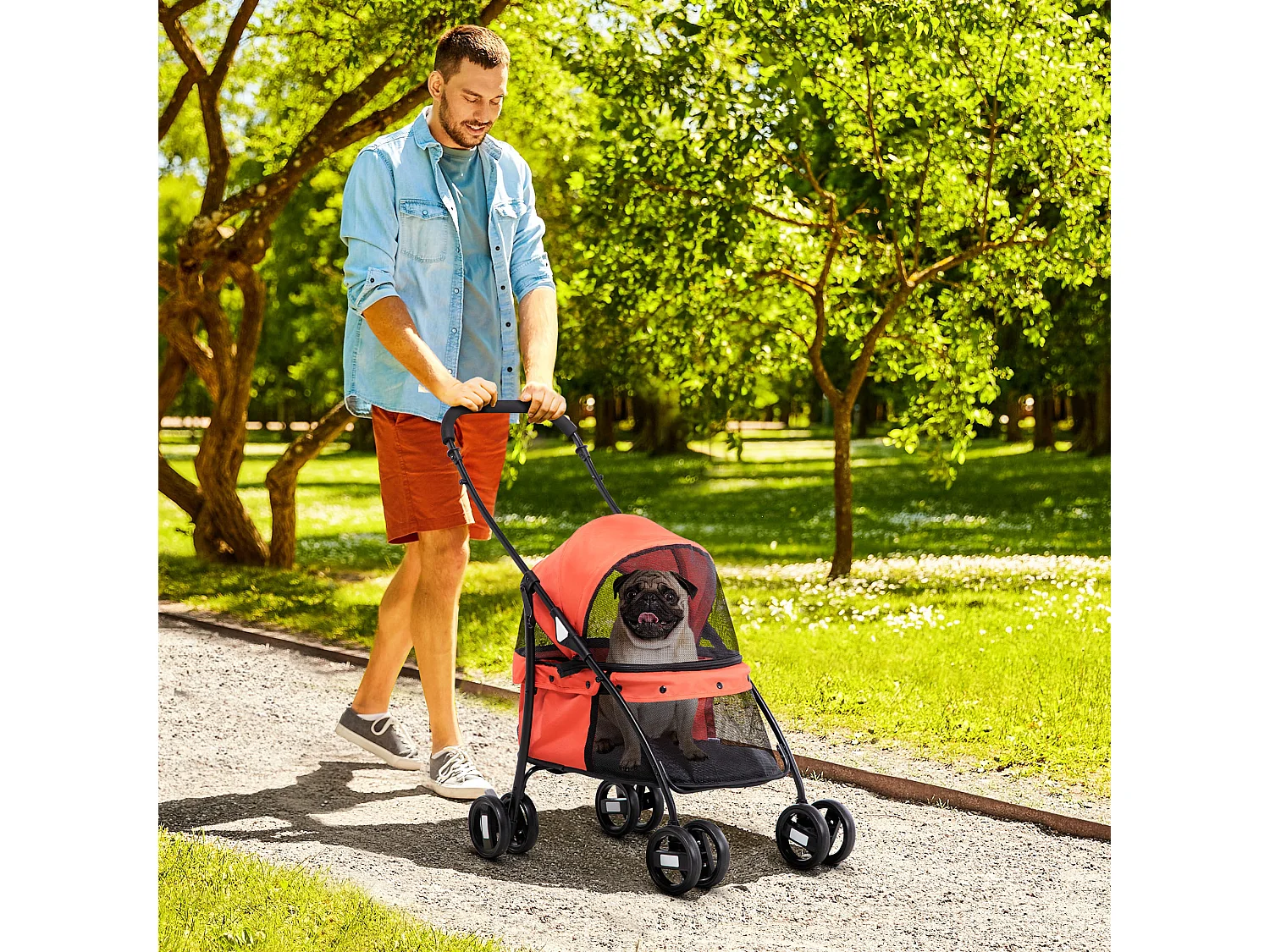 Passeggino per cani pieghevole con tettuccio regolabile rosso e nero