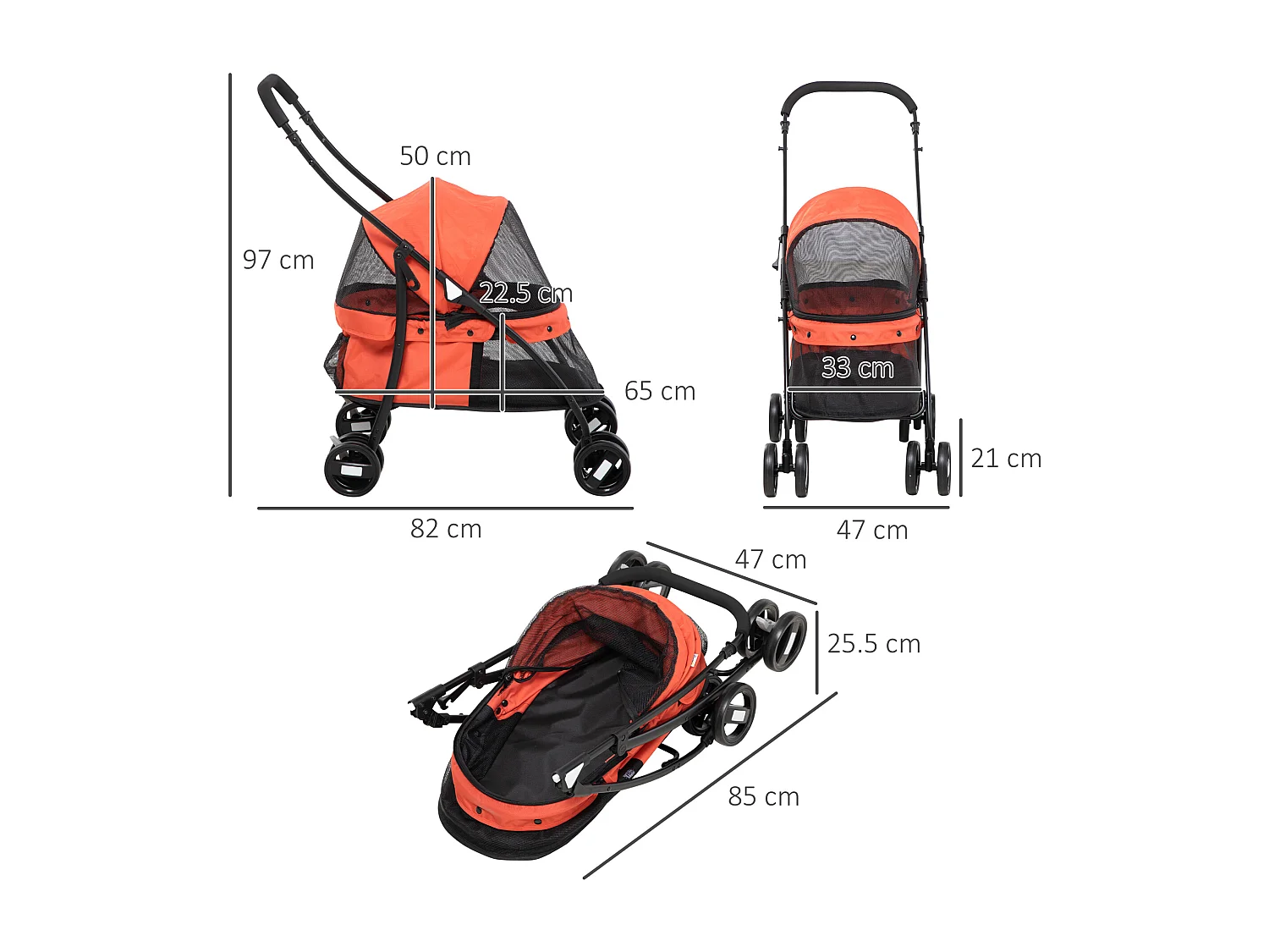 Passeggino per cani pieghevole con tettuccio regolabile rosso e nero