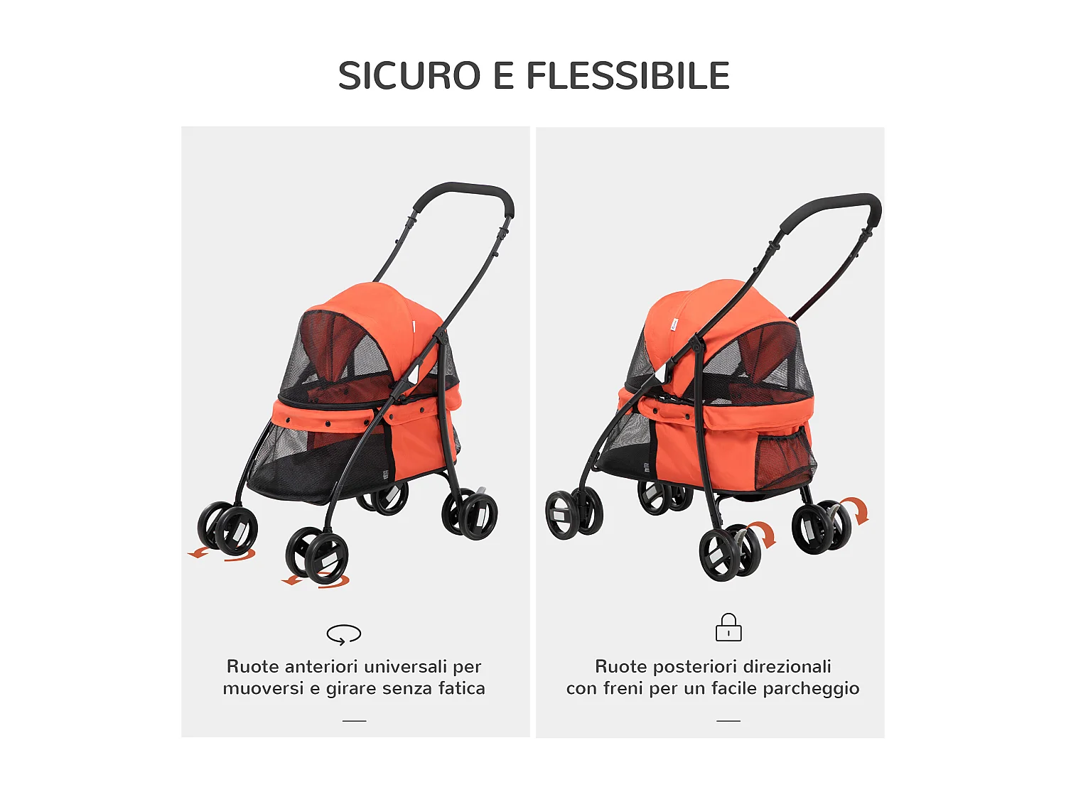 Passeggino per cani pieghevole con tettuccio regolabile rosso e nero