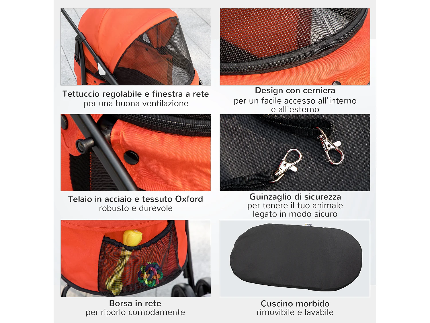 Passeggino per cani pieghevole con tettuccio regolabile rosso e nero