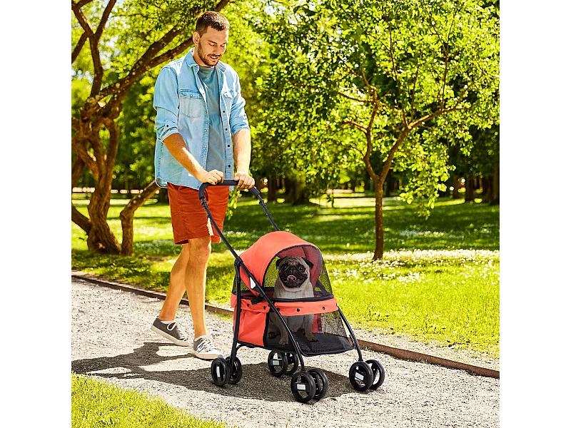 Passeggino per cani pieghevole con tettuccio regolabile rosso e nero