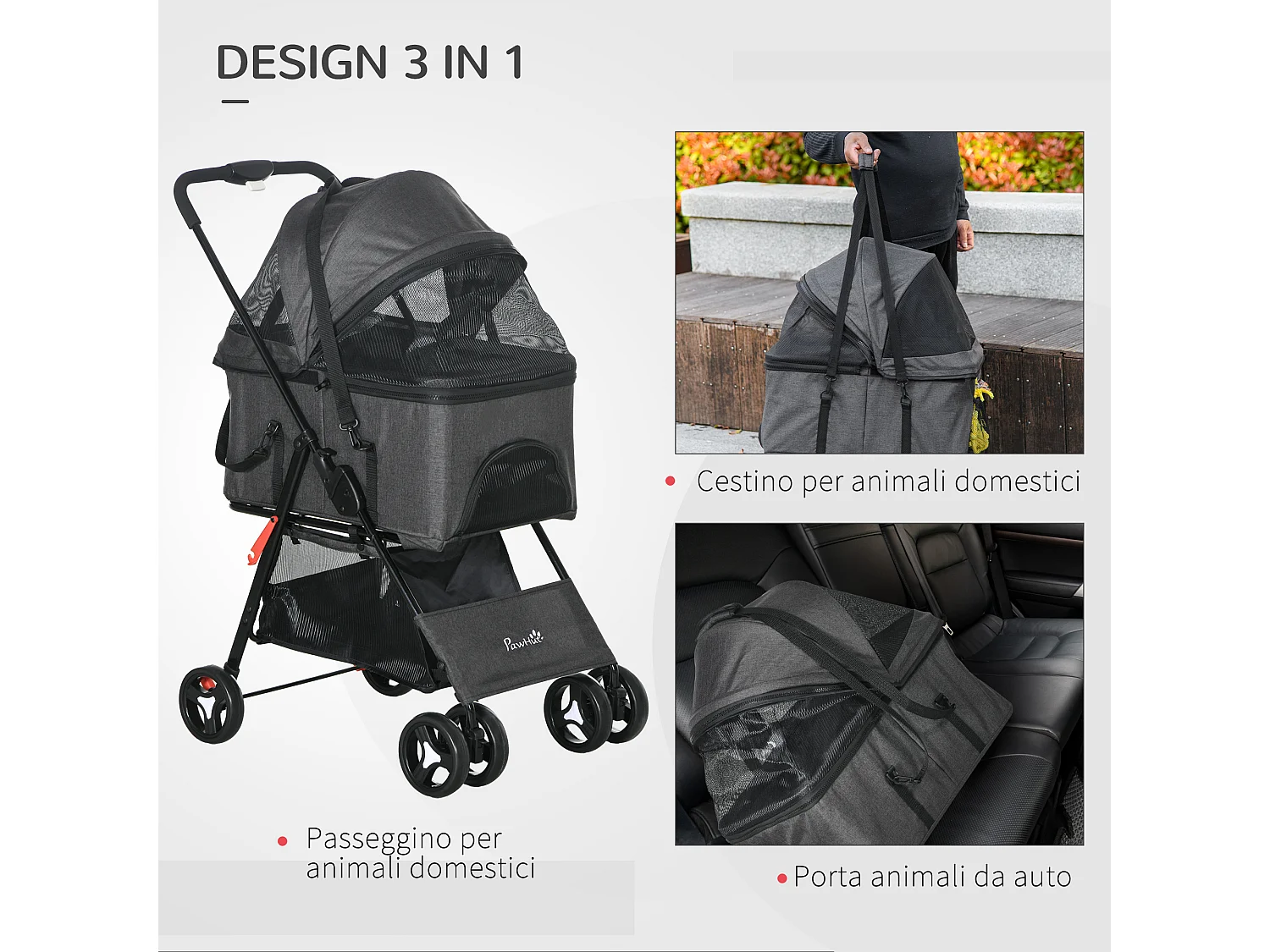 Passeggino per cani 3 in 1 convertibile in trasportino con cuscino grigio