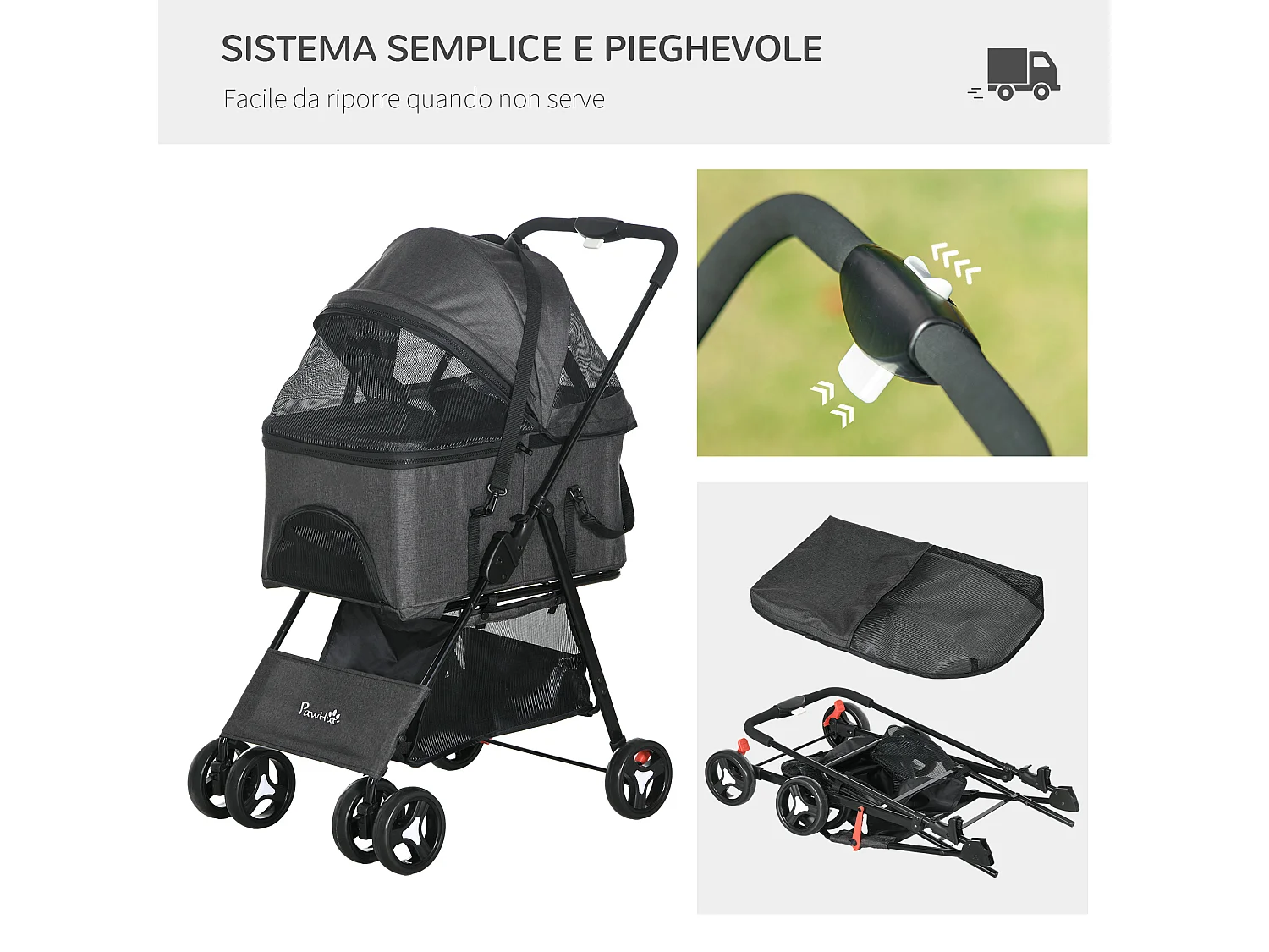 Passeggino per cani 3 in 1 convertibile in trasportino con cuscino grigio