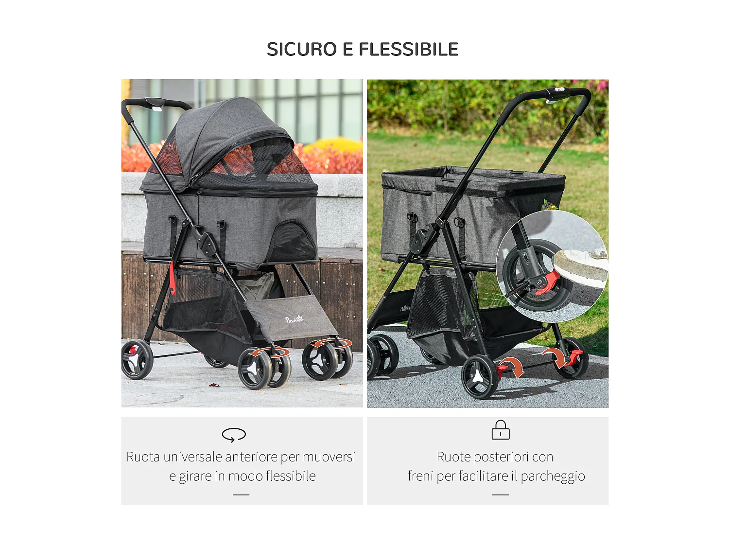 Passeggino per cani 3 in 1 convertibile in trasportino con cuscino grigio