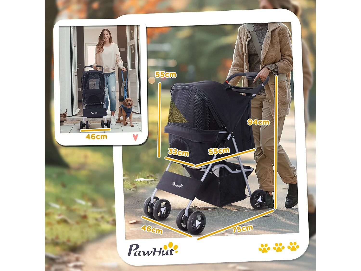 Passeggino per cani piccoli 15kg pieghevole nero