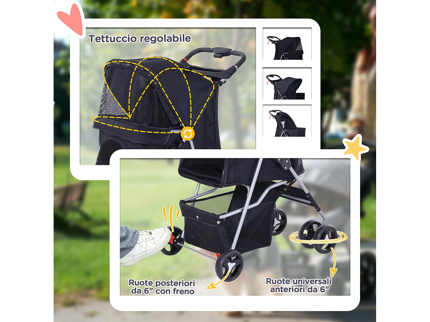 Passeggino per cani piccoli 15kg pieghevole nero