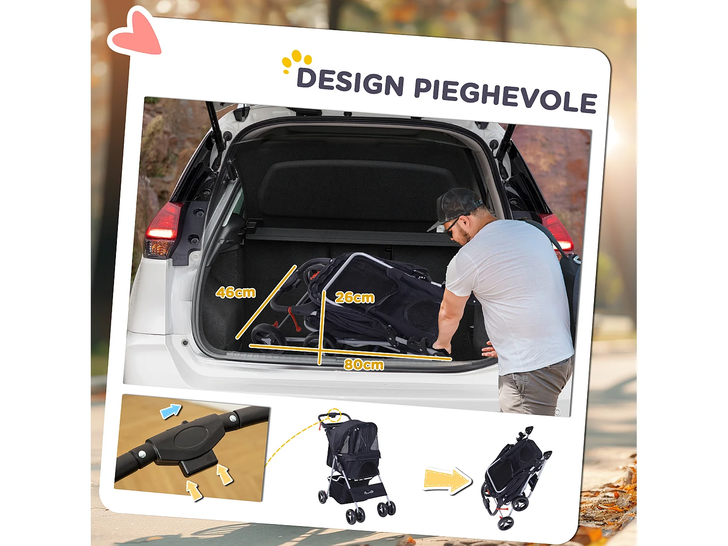 Passeggino per cani piccoli 15kg pieghevole nero