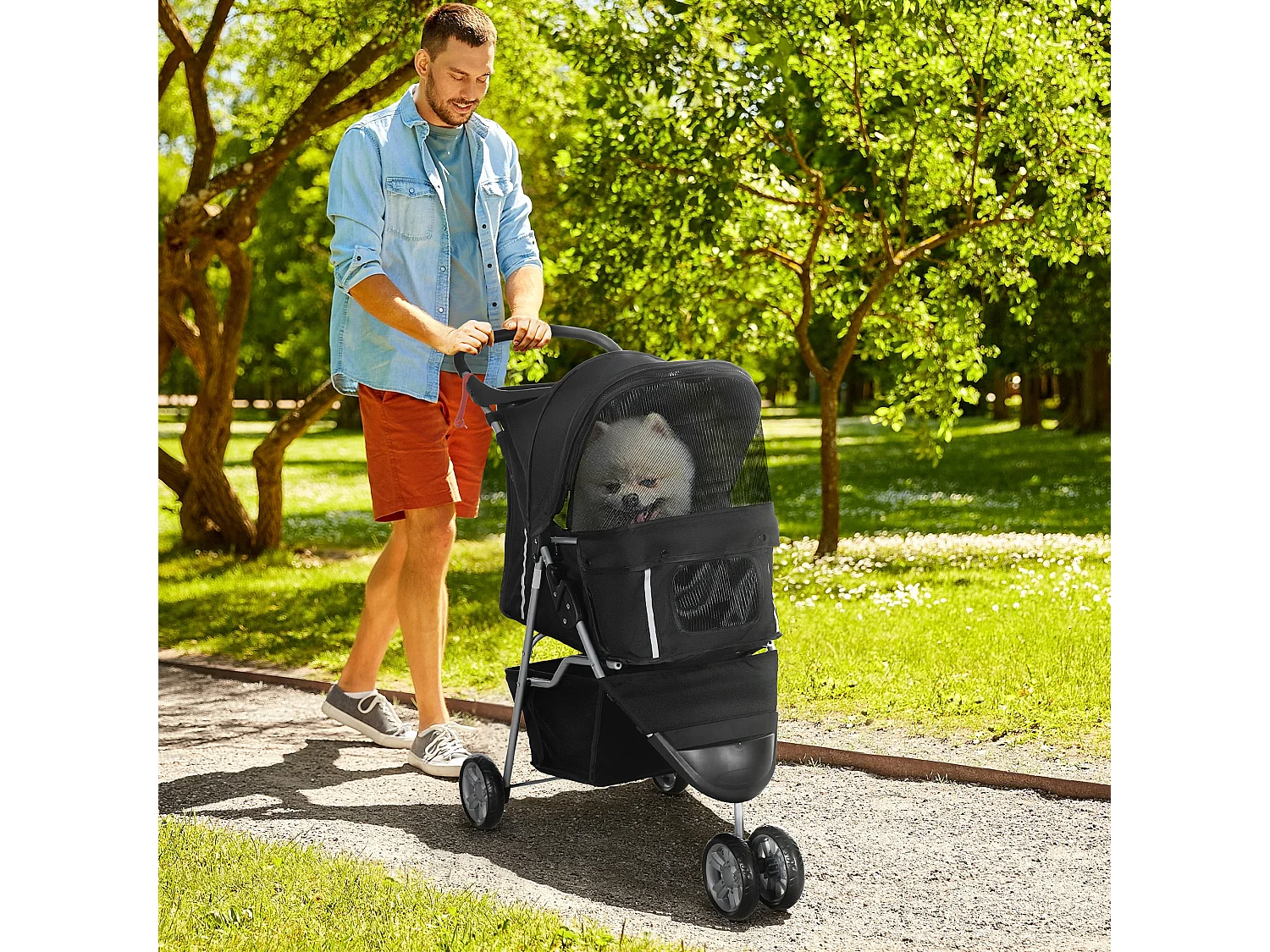 Passeggino per cani piccoli pieghevole con freno e ruote girevoli, nero