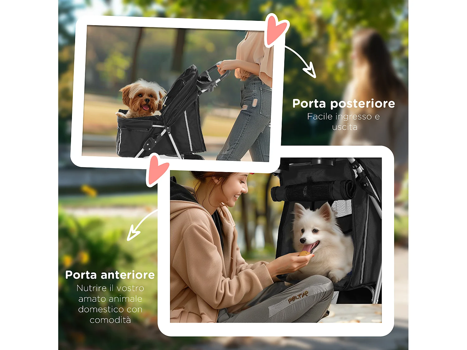 Passeggino per cani piccoli pieghevole con freno e ruote girevoli, nero