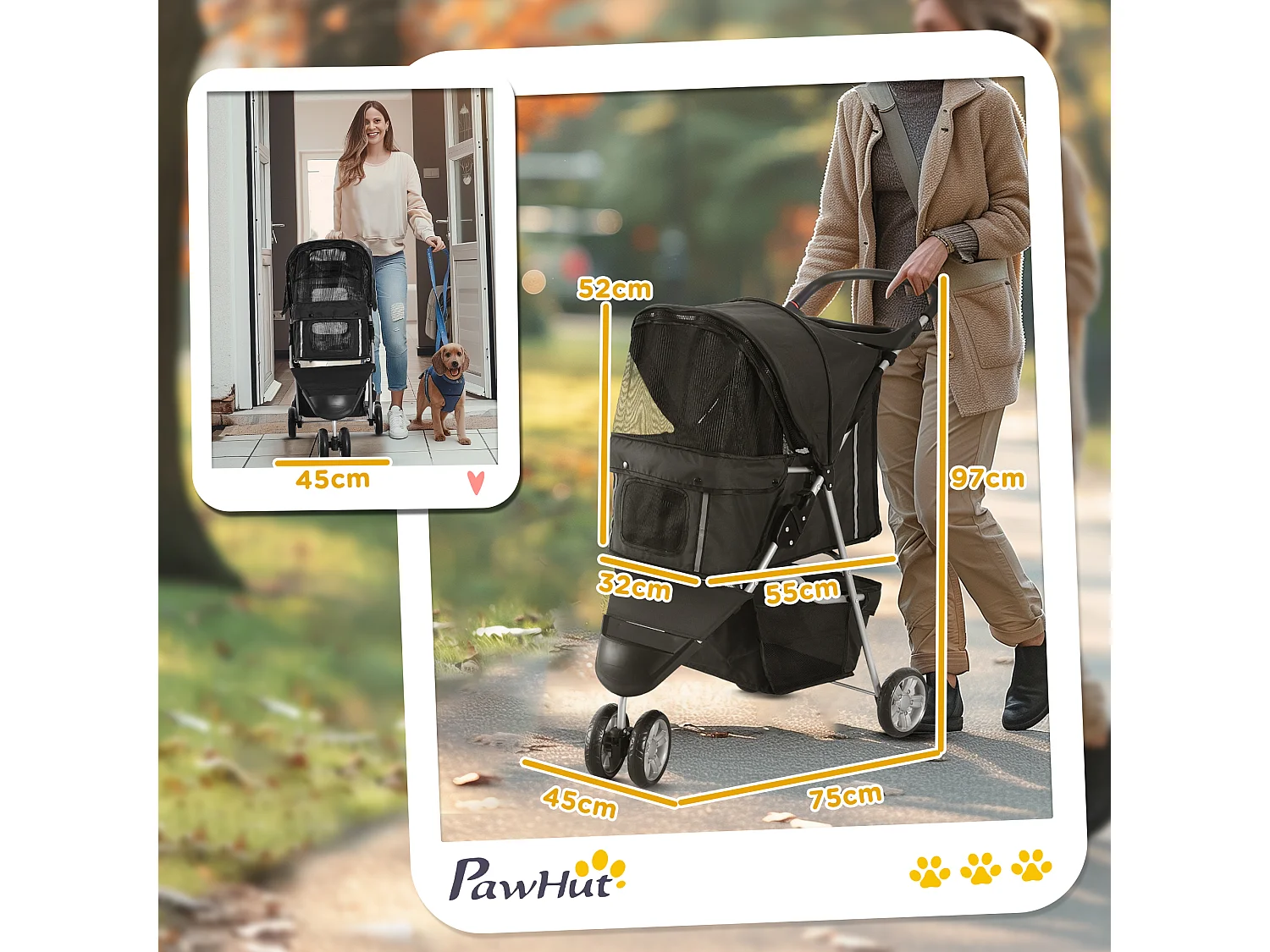 Passeggino per cani piccoli pieghevole con freno e ruote girevoli, nero