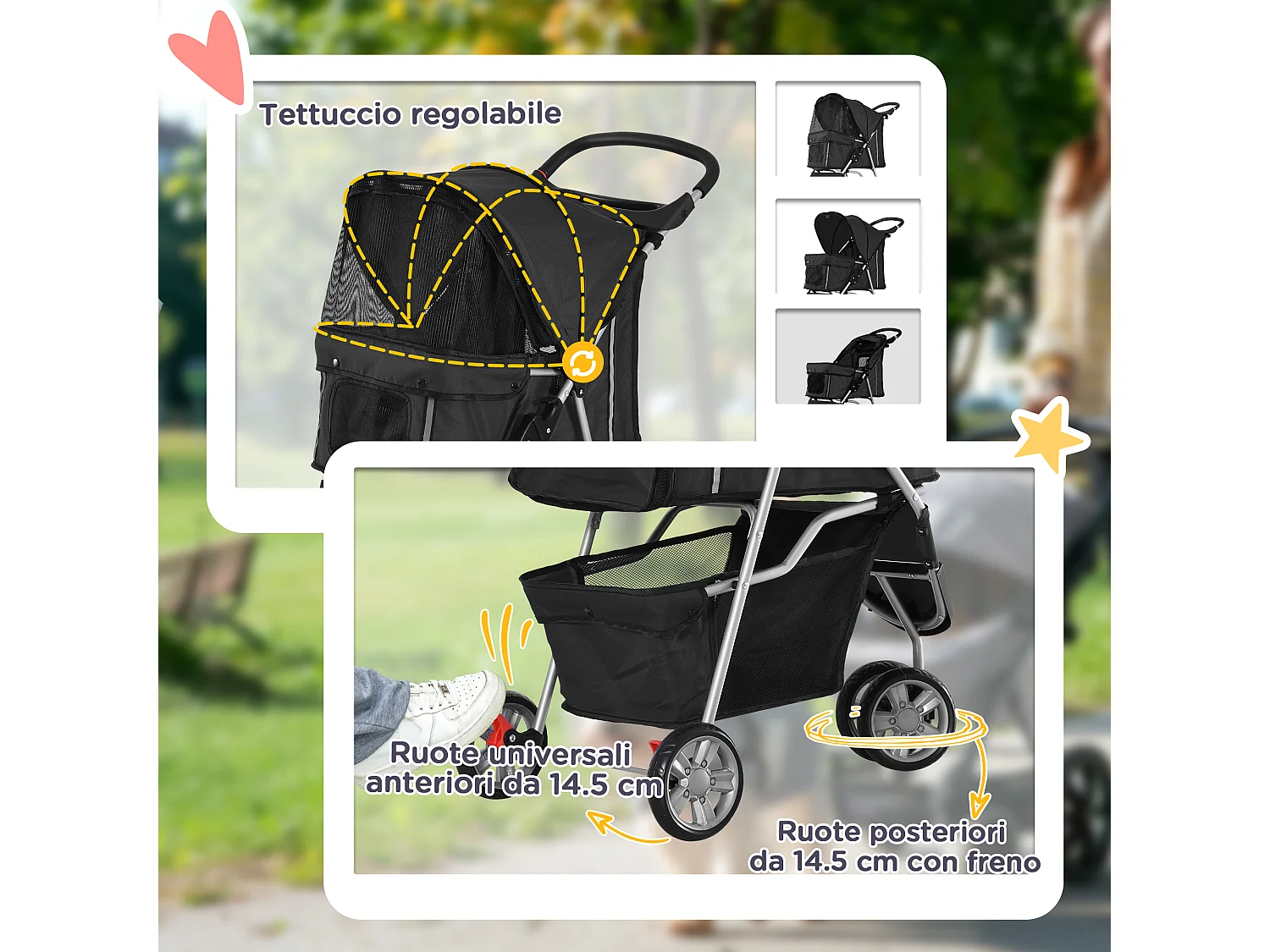 Passeggino per cani piccoli pieghevole con freno e ruote girevoli, nero