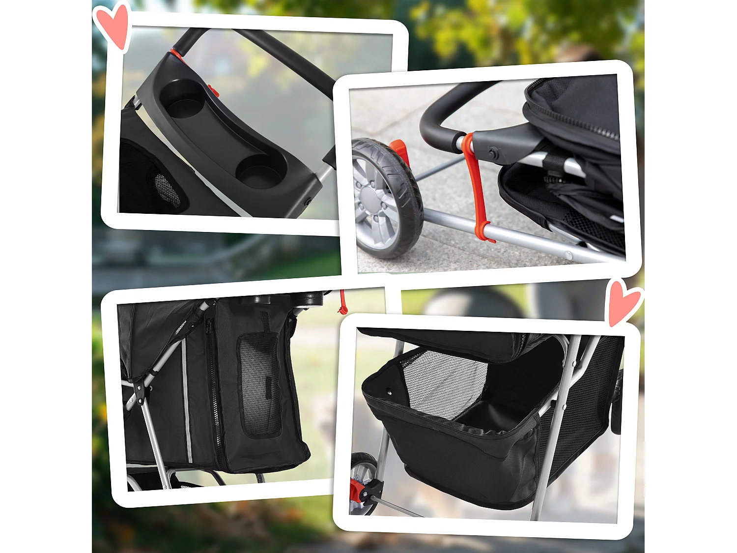 Passeggino per cani piccoli pieghevole con freno e ruote girevoli, nero