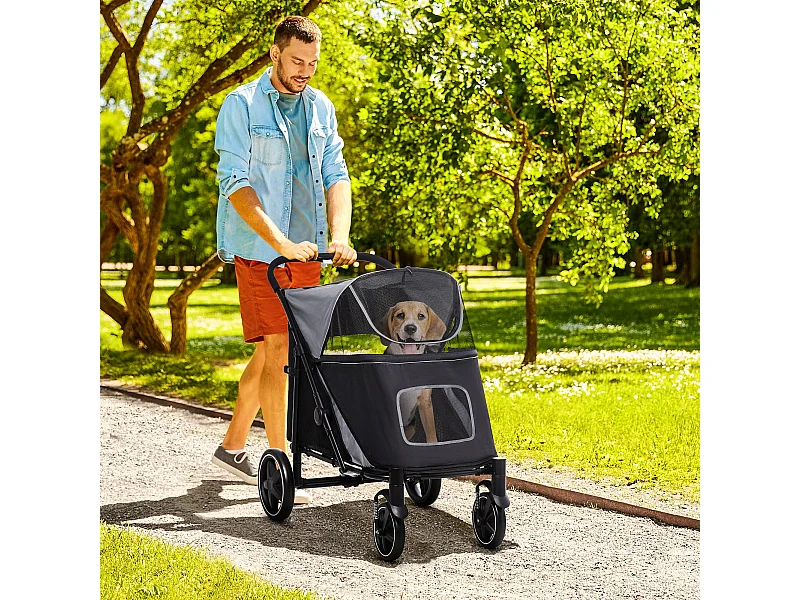 Passeggino per cani pieghevole con ingressi a cerniera grigio scuro