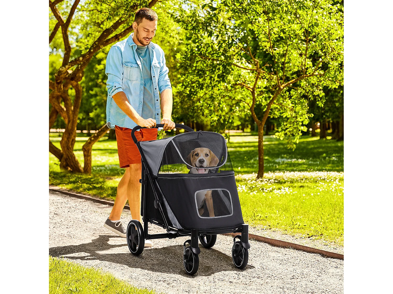 Passeggino per cani pieghevole con ingressi a cerniera grigio scuro