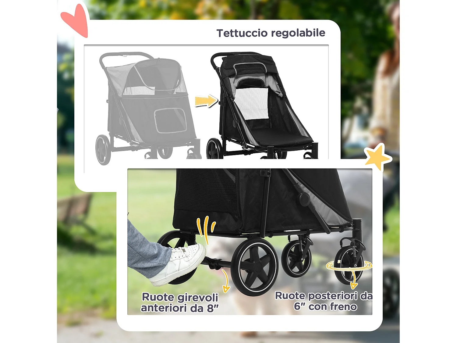 Passeggino per cani pieghevole con ingressi a cerniera grigio scuro