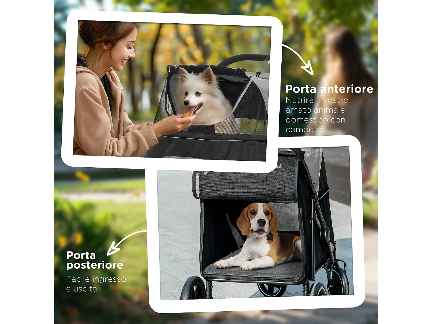 Passeggino per cani pieghevole con ingressi a cerniera grigio scuro