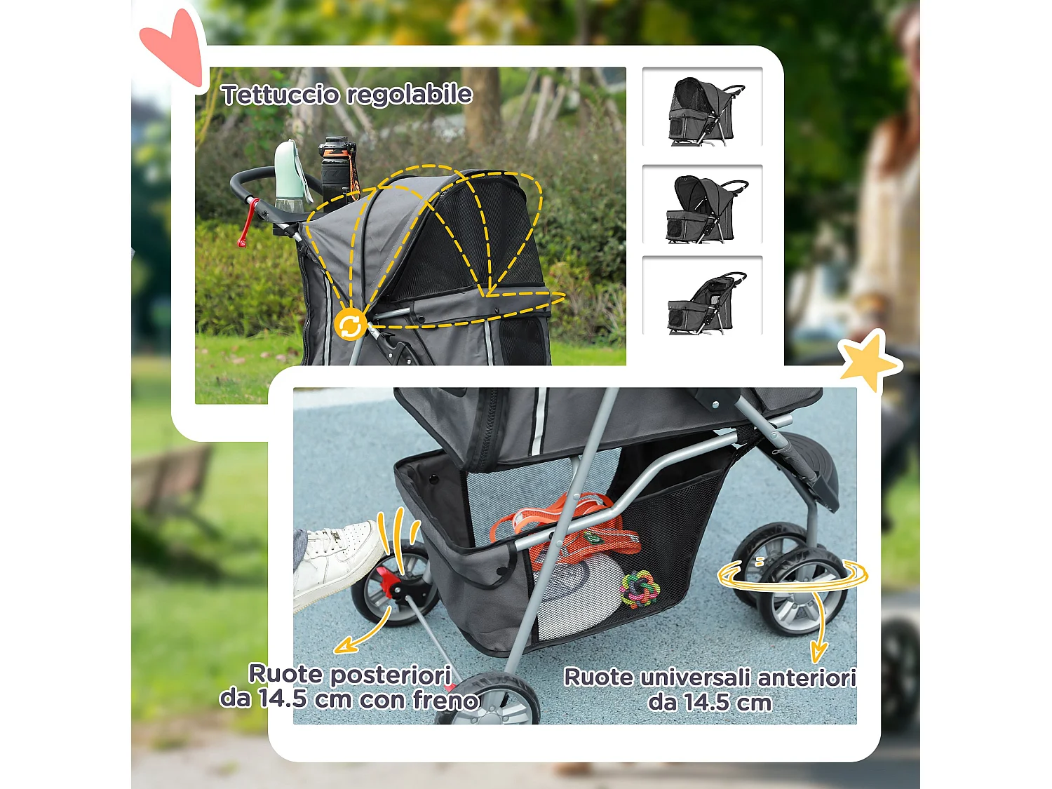 Passeggino per cani pieghevole con freno e ruote girevoli grigio carbone